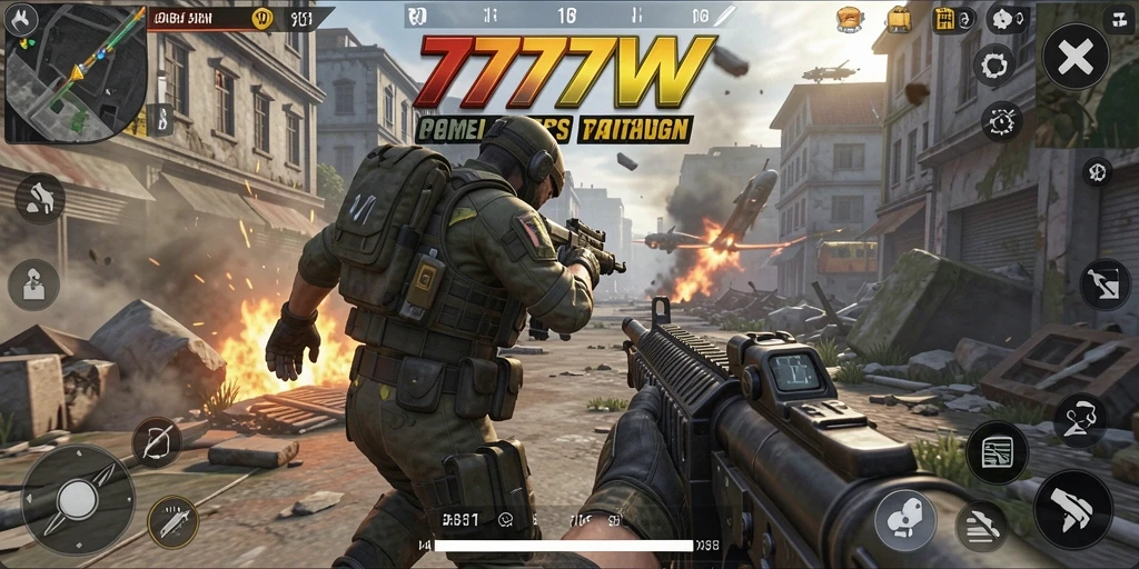 Screenshot utama 7777W menampilkan aksi mendebarkan dalam gameplay TPS.