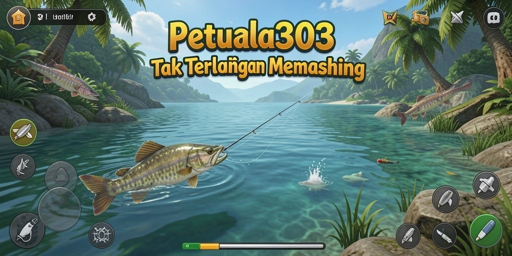 Screenshot gameplay FILTER303 menampilkan aksi memancing yang seru dan mendebarkan.