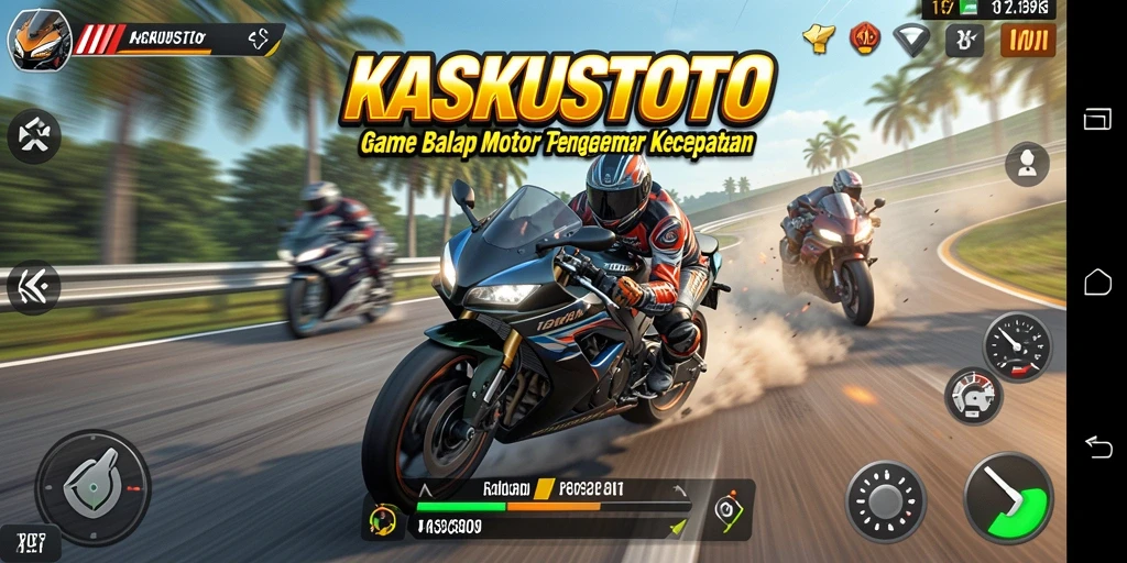 Tampilan gameplay KASKUSTOTO dengan aksi balap motor yang mendebarkan.