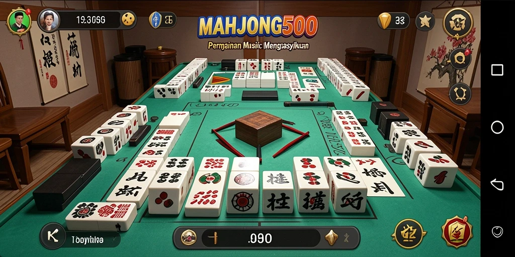 Tampilan menarik dari gameplay MAHJONG500 dengan iringan musik.