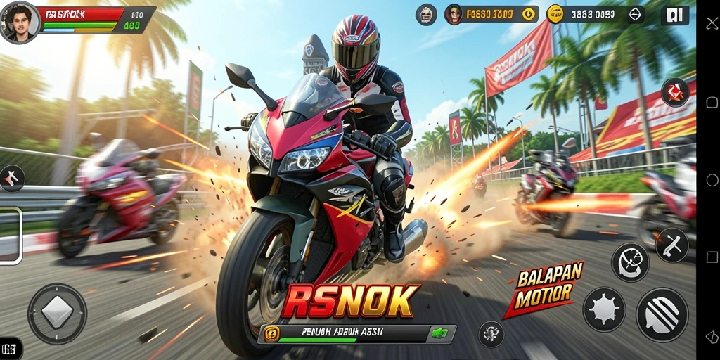 Screenshot gameplay RSNOK menampilkan aksi balapan motor yang mendebarkan.